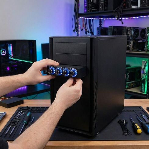 وحدة تحكم بمروحة الكمبيوتر ذات 4 قنوات - التحكم في درجة الحرارة والسرعة مع مصباح LED أزرق لتبريد الكمبيوتر، تركيب فتحة محرك 3.5 بوصة in Kuwait