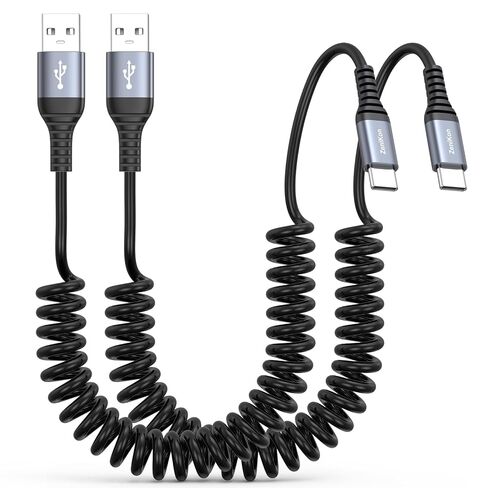 كابل ملفوف USB A إلى USB C بطول 3أقدام، حزمة من قطعتين، كابل USB C ملفوف للشحن السريع للسيارة، كابل Android Auto & CarPlay متوافق مع سلسلة iPhone 16/15، Galaxy S25/S24/S23، MacBook، iPad Pro/Air in Kuwait