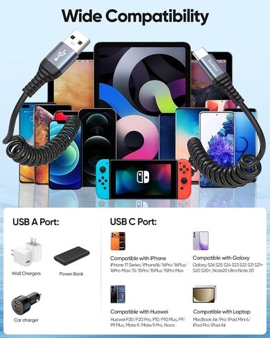 كابل ملفوف USB A إلى USB C بطول 3أقدام، حزمة من قطعتين، كابل USB C ملفوف للشحن السريع للسيارة، كابل Android Auto & CarPlay متوافق مع سلسلة iPhone 16/15، Galaxy S25/S24/S23، MacBook، iPad Pro/Air in Kuwait