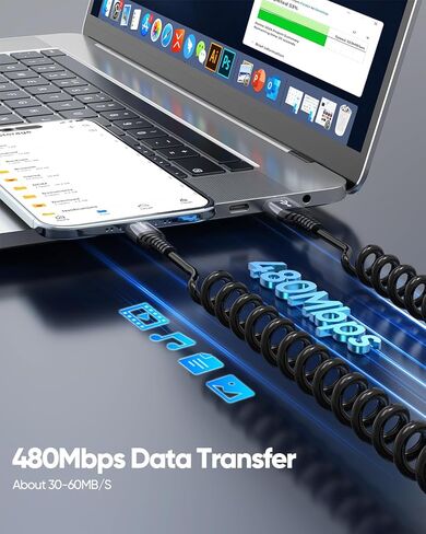 كابل ملفوف USB A إلى USB C بطول 3أقدام، حزمة من قطعتين، كابل USB C ملفوف للشحن السريع للسيارة، كابل Android Auto & CarPlay متوافق مع سلسلة iPhone 16/15، Galaxy S25/S24/S23، MacBook، iPad Pro/Air in Kuwait