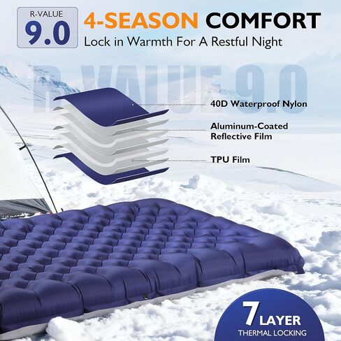 TOBTOS Camping Sleeping Pad with 9.0 R-Value, 4" Thick Inflatable Camping Mattress for All Season, Compact Insulated Sleeping Mat for Backpacking & Hiking (Rectangular) in Saudi Arabia