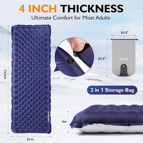 TOBTOS Camping Sleeping Pad with 9.0 R-Value, 4" Thick Inflatable Camping Mattress for All Season, Compact Insulated Sleeping Mat for Backpacking & Hiking (Rectangular) in Saudi Arabia