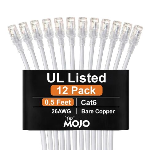 Tecmojo UL Listed Cat6 0.5ft Ethernet Cable, 26AWG 100% Pure Copper Conductors, Cat6 Network Cable, Snagless RJ45 for Router, Modem, Xbox, Laptop, Servers, 12-Pack, White in Kuwait