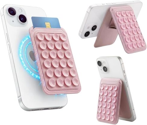 4-in-1 Magnetic Silicone Suction Cup Phone Grip Mount with Card Holder, Versatile Foldable Kickstand, Hands-Free Phone Accessories for Selfies/Vlog/Makeup/Tiktok, MagSafe-Compatible (Pink) in Kuwait