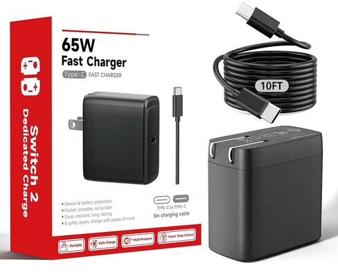 شاحن سويتش 2 مع كابل USB بطول 10 أقدام، محول طاقة تيار متردد قابل للطي بقدرة 65 وات، شاحن سريع لجهاز نينتندو سويتش 2/1، يدعم وضع التلفزيون الراسي، كابل شحن طويل لألعاب الأريكة/السرير in Kuwait