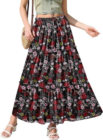 NASHALYLY Skirts for Women Boho Elastic Waisted Drawstring Swing Ruched 3 Tiered Maxi Skirt with Pockets in Saudi Arabia