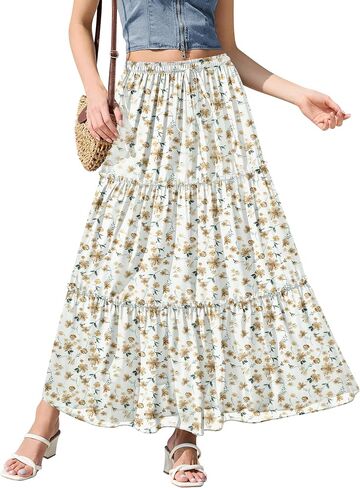 NASHALYLY Skirts for Women Boho Elastic Waisted Drawstring Swing Ruched 3 Tiered Maxi Skirt with Pockets in Kuwait