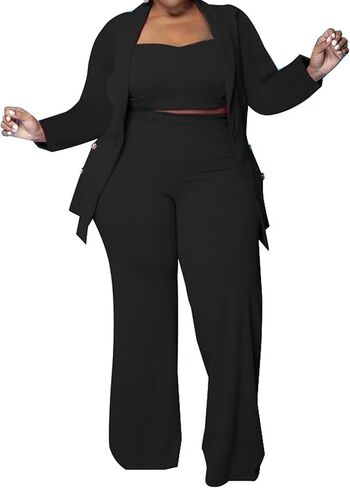 IyMoo Women's Plus Size 3 Piece Sets Outfit Tracksuit Crop Top Blazer Jacket and Wide Leg Long Pants Jumpsuit Romper Suits in Kuwait