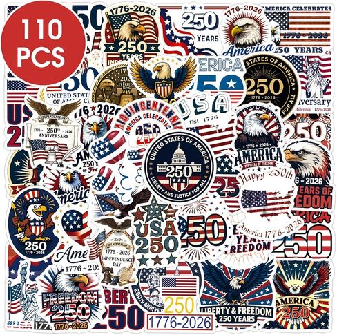 FaCraft 115PCS 250th Anniversary USA Stickers United States 250 Anniversary 1776-2026 Sticker Pack Independence Day Patriotic Stickers Waterproof Vinyl Decals for Water Bottle Laptop Phone Car Luggage in Kuwait