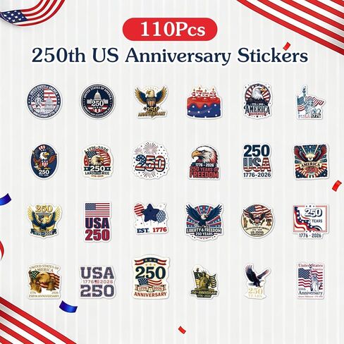FaCraft 115PCS 250th Anniversary USA Stickers United States 250 Anniversary 1776-2026 Sticker Pack Independence Day Patriotic Stickers Waterproof Vinyl Decals for Water Bottle Laptop Phone Car Luggage in Kuwait