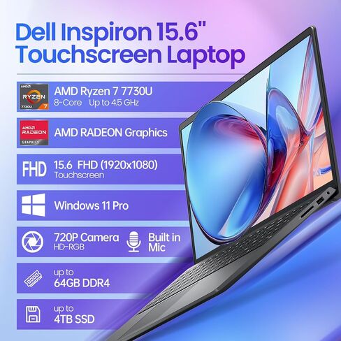 كمبيوتر محمول Dell 15 بشاشة تعمل باللمس، AMD Ryzen 7 7730U (Beats i7-1355U)، ذاكرة الوصول العشوائي 20 جيجابايت، 512 جيجابايت NVMe SSD، Windows 11 Pro، 15.6 بوصة FHD IPS، Copilot AI، Type-C، HDMI، أسود، موديل 2026 in Kuwait