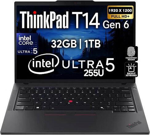 Lenovo ThinkPad T14 Gen 6, 14" FHD+ Display, Intel Ultra 5 225U, 32GB DDR5 RAM, 512GB SSD PCIe, Fingerprint, Backlit Keyboard, WiFi 6E, RJ-45, FHD Webcam, Win 11 Pro, AI Business Laptop - Black in Saudi Arabia
