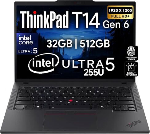 لينوفو ثينك باد T14 الجيل 6، شاشة 14 بوصة FHD+، انتل الترا 5 225U، ذاكرة الوصول العشوائي 32 جيجا DDR5، 512 جيجا SSD PCIe، بصمة الإصبع، لوحة مفاتيح بإضاءة خلفية، واي فاي 6E، RJ-45، كاميرا ويب FHD، ويندوز 11 برو، كمبيوتر محمول للأعمال AI - أسود in Kuwait