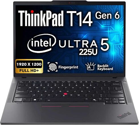 Lenovo ThinkPad T14 Gen 6, 14" FHD+ Display, Intel Ultra 5 225U, 32GB DDR5 RAM, 512GB SSD PCIe, Fingerprint, Backlit Keyboard, WiFi 6E, RJ-45, FHD Webcam, Win 11 Pro, AI Business Laptop - Black in Saudi Arabia