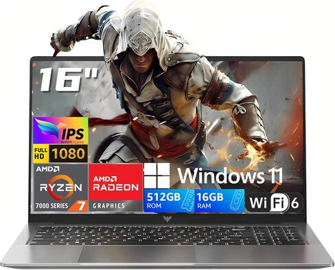 2026 AMD Laptop with Ryzen 7 7735HS Game-Processor(8C/16T,Up to 4.75GHz) Light Gaming Laptop AMD Radeon 680M Graphics, 16GB DDR5 512GB SSD, Win 11 Pro Laptops, 16" FHD IPS Display, Backlit KB, Wi-Fi 6 in Kuwait