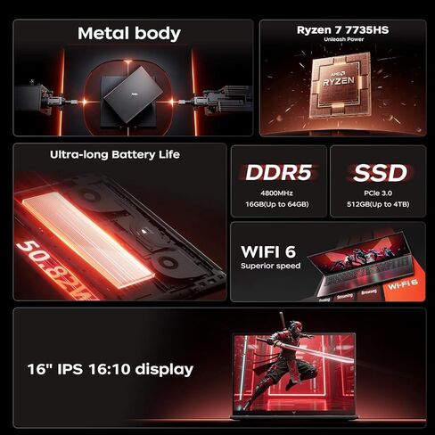 2026 AMD Laptop with Ryzen 7 7735HS Game-Processor(8C/16T,Up to 4.75GHz) Light Gaming Laptop AMD Radeon 680M Graphics, 16GB DDR5 512GB SSD, Win 11 Pro Laptops, 16" FHD IPS Display, Backlit KB, Wi-Fi 6 in Kuwait