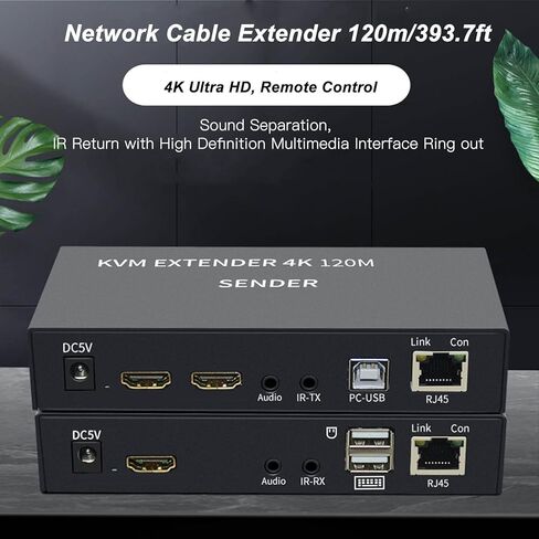 4K KVM، موسع USB KVM Cat5e/6 يصل إلى 120 متر توصيل وتشغيل موسع شبكة واحدة بالأشعة تحت الحمراء للوحة المفاتيح والماوس ومضيف الكمبيوتر والكمبيوتر المحمول، 4 (قابس أمريكي) in Kuwait