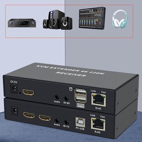 4K KVM، موسع USB KVM Cat5e/6 يصل إلى 120 متر توصيل وتشغيل موسع شبكة واحدة بالأشعة تحت الحمراء للوحة المفاتيح والماوس ومضيف الكمبيوتر والكمبيوتر المحمول، 4 (قابس أمريكي) in Kuwait