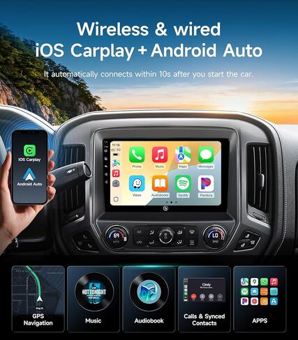 ستيريو راديو السيارة مقاس 10.2 بوصة لسيارة Chevy Silverado GMC Sierra 2014-2018، CarPlay اللاسلكي وAndroid Auto، WiFi GPS، Bluetooth FM SWC، شاشة تعمل باللمس، تدعم كاميرا احتياطية 1080P in Kuwait