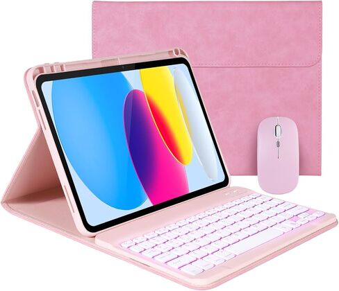 Case Keyboard for 11 inch iPad 11th (A16, 2025) / 10th Generation,Mouse and Detachable Wireless 7 Color Rainbow Backlight Magnetic Keyboard,Premium PU Leather Cover with Auto Sleep/Wake,Pink in Kuwait