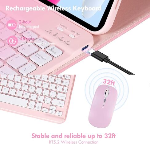 Case Keyboard for 11 inch iPad 11th (A16, 2025) / 10th Generation,Mouse and Detachable Wireless 7 Color Rainbow Backlight Magnetic Keyboard,Premium PU Leather Cover with Auto Sleep/Wake,Pink in Kuwait