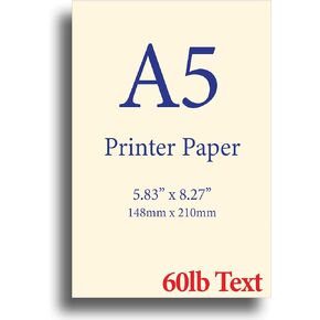 Natural Cream A5 Printer Paper - 8.3"x 5.83" - 60lb Text (90 gsm) - 250 Sheets