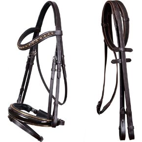 CHALLENGER Horse English All-Purpose Trail Pleasure Padded Leather Crystal Browband Bridle with Buckle Reins 803HI22BR-F