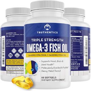 Omega 3 Fish Oil, 2400 mg Per Serving, Triple Strength - High EPA + DHA Omega-3 Fatty Acids - Burpless Lemon Flavor Fish Oil Supplement for Men & Women - 60 Softgels