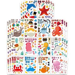 Aowplc 42 Pcs Ocean Animals Make-a-Face Sticker Sheets for Kids - 14 Sea Creature Designs for Party Favors, Classroom Activities, Arts & Crafts