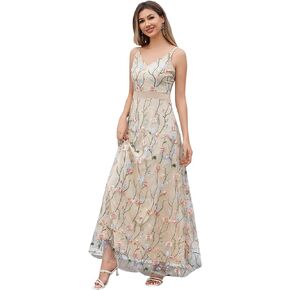Women's Mesh Floral Embroidery Dress Lace Elegant V Neck Maxi Dress Long Formal Evening Party Tulle Prom Dress