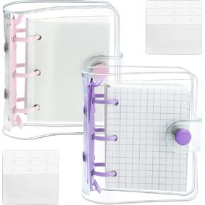 2 Pack Mini Transparent 3 Ring Binder Covers with Binder Inner Paper and Pockets, Clear Soft PVC Notebook Closure Loose Leaf Folder with Snap Button (Pink, Purple)