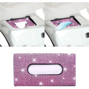 Bling Car Sun Visor Tissue Box Holder, Rhinestone PU Leather Crystal Sparkling Napkin Holder, Backseat Paper Towel Cover Case Car Accessories for Women (Black)