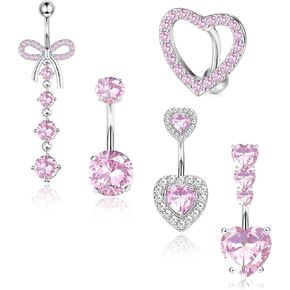 FIASASO 5pcs 14G الوردي البطن زر الدائري مجموعة للنساء لطيف الوردي القلب القوس تتدلى حلقات البطن الجراحية الفولاذ المقاوم للصدأ زر البطن ثقب Dangly السرة خاتم البطن زر مجوهرات السرة ثقب البطن الفضة in Kuwait