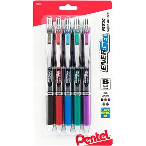 Pentel Energel RTX Retractable Liquid Gel Pen, Bold Line, Metal Tip, Assorted Ink Pack of 5 (BL80BP5M)