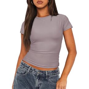 Darong Women's Double Lined Short Sleeve Crew Neck T Shirt Basic Slim Fit Going Out Tops Y2K Fashion