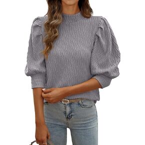 PRETTYGARDEN 3/4 Sleeve Tops for Women 2024 Dressy Casual Mock Neck Puff Texture Blouse Knit Work Outfits