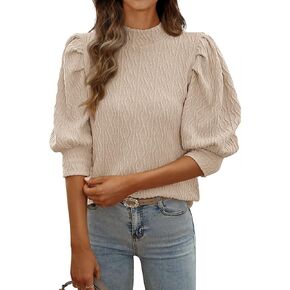 PRETTYGARDEN 3/4 كم بلايز للنساء 2024 أنيق كاجوال برقبة وهمية منتفخة الملمس بلوزة ملابس عمل متماسكة