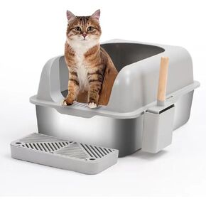 Stainless Steel Cat Litter Box XL - 24" x 16" x 12" with Enclosure Lid, Scoop and Step, Extra Large, Easy Clean, Never Absorbs Odor (Anti Flash White - Rounded, 24" x 16" x 12")