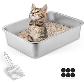 Stainless Steel Cat Litter Box, 15.7x11.8x3.9 Small Cat Metal Litter Box with Steel Scoop Anti Slip Stickers, Metal Litter Box for Kitten, Young Cats and Rabbits (Set of 1) in Saudi Arabia
