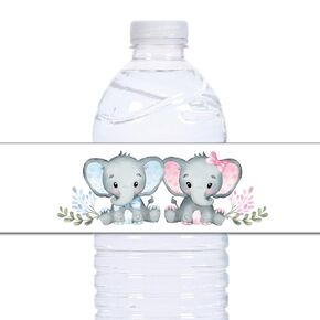 21 Elephant Water Bottle Labels, Waterproof, For Twin Birthday or Gender Reveal - Pink and Blue