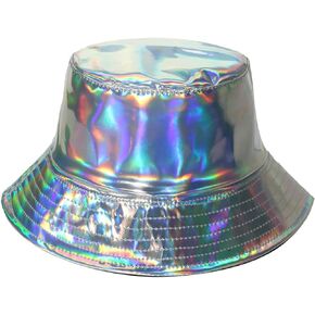 Unisex Trendy Bucket Hat Reversible Double-Side-Wear Holographic Bucket Hat Cap Waterproof Outdoor Travel Sunhat