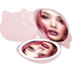 مرآة مدمجة من Impressions Vanity Hello Kitty Kawaii مع مفتاح مستشعر يعمل باللمس للمحفظة، مرآة مكياج LED مع سطح مكبر 2X وسطوع قابل للتعديل (أبيض)
