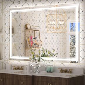 Keonjinn LED Mirror for Bathroom 20" x 28" with Frontlit and Backlit, Stepless 3 Colors Temperature & Dimmable LED Wall Mirror, Double Light Strips, UL Listed LED Driver, Anti fog Frameless LED Mirror