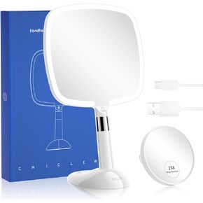 CHICLEW® Makeup Mirror with Lights, 1X/15X Magnifying Mirror with 60 LED Lights, Rechargeable 2 in 1 Hand held and Table Light Up Mirrors for Makeup, 3 Colors Lighting Modes, Stepless Dimming
