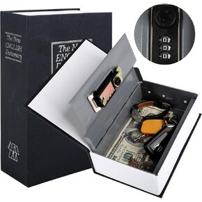 Diversion Book Safe with Combination Lock(2.2''D*4.6''W*7''H),Money Hiding Box,Collection Box,Dictionary Diversion Metal Safe Lock Box (Black Small)