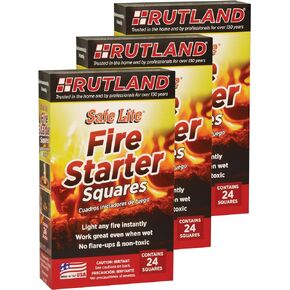 Rutland Safe Lite Fire Starter Squares, 3 Boxes of 24 Squares, 72 Count