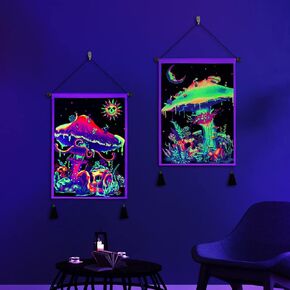 Leofanger Pack of 2 Blacklight Mushroom Tapestry UV Reactive Skull Floral Tapestry Sun and Moon Tapestries Vertical Galaxy Space Tapestry Wall Hanging for Home Decor