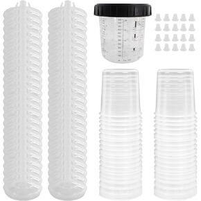 Disposable Paint Sprayer Mixing Cup for Automotive Paint Gun, 20 Ounce (600ml) Kit - 50 Liners 50 Lids 1 Hard Cup 20 Plugs with Retainer Ring for Automotive Commercial Coatings