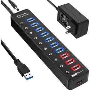 Powered USB 3.0 hub, 11-Port USB Hub Splitter Extension 7 USB 3.0 Data Ports + 4 Smart Charging Ports with Individual LED On/Off Switches and 12V/3A Power Adapter for USB Devices.