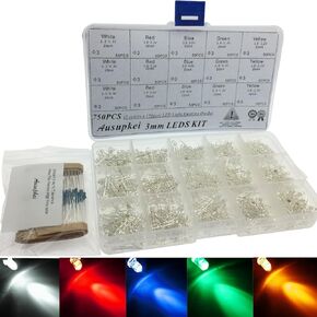 750PCS 3mm LED Emitting Diodes Light with White, Red, Blue, Green, Yellow, 200ohm Resistor